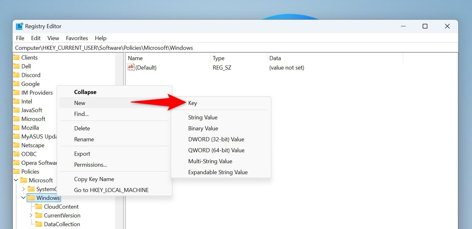 New > Key highlighted in Registry Editor.