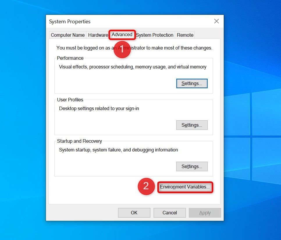 'Advanced' and 'Environment Variables' highlighted in System Properties.