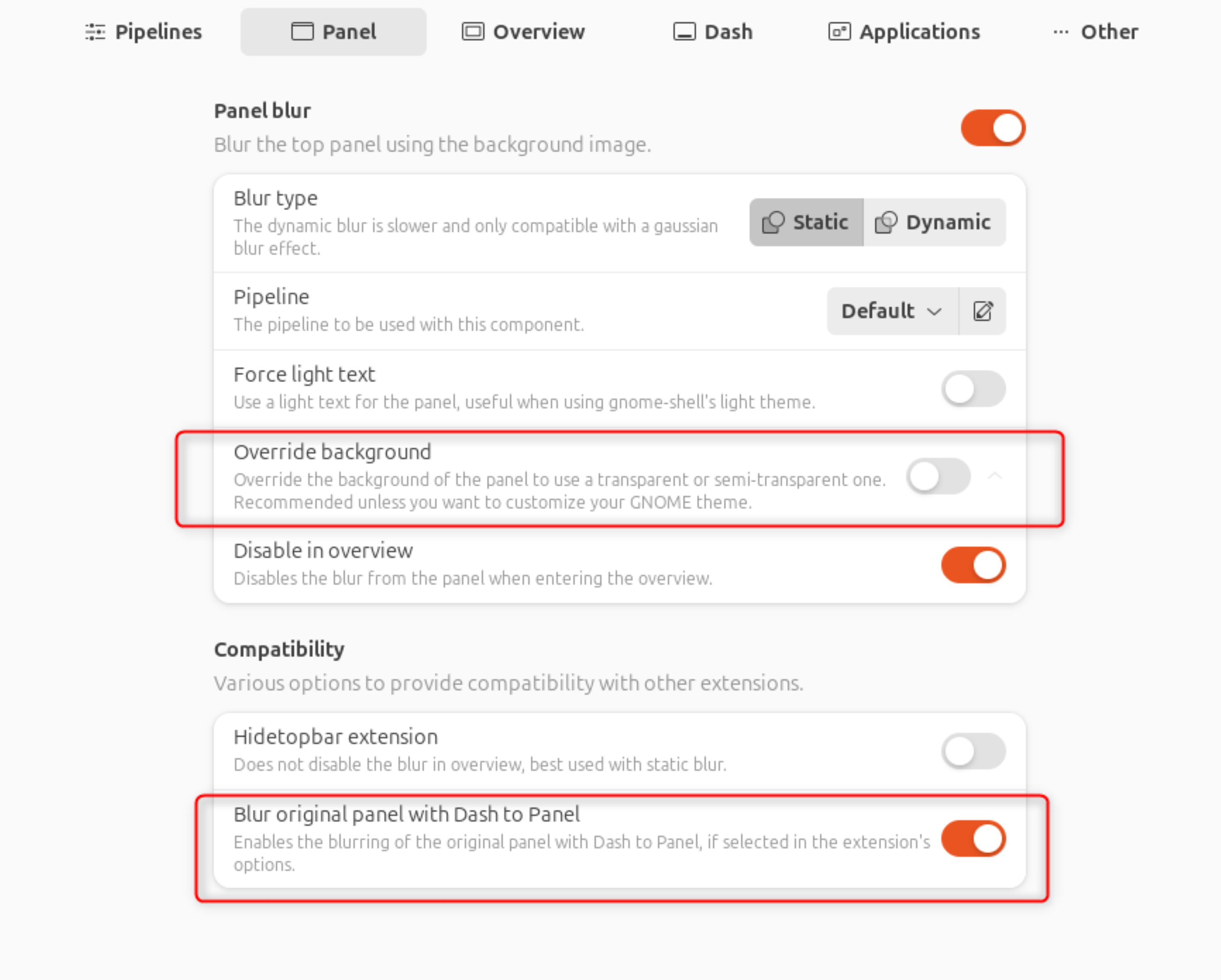 Blur My Shell Panel Settings