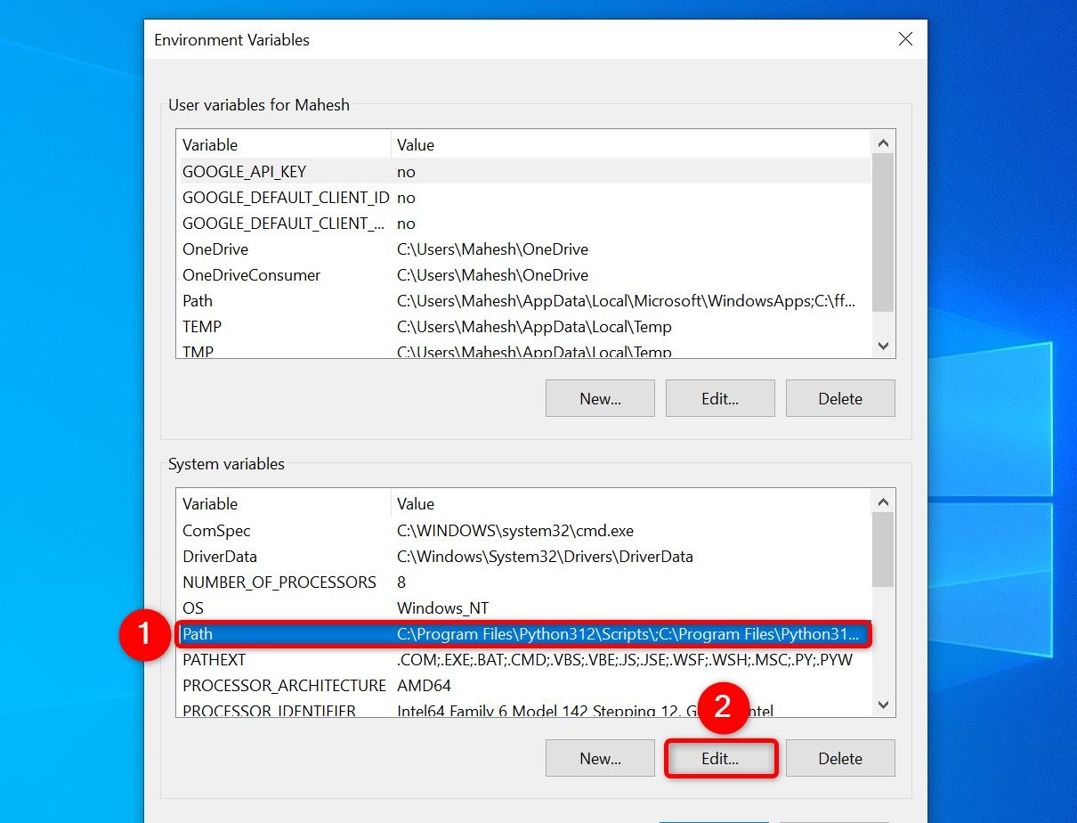 'Path' and 'Edit' highlighted in Environment Variables.