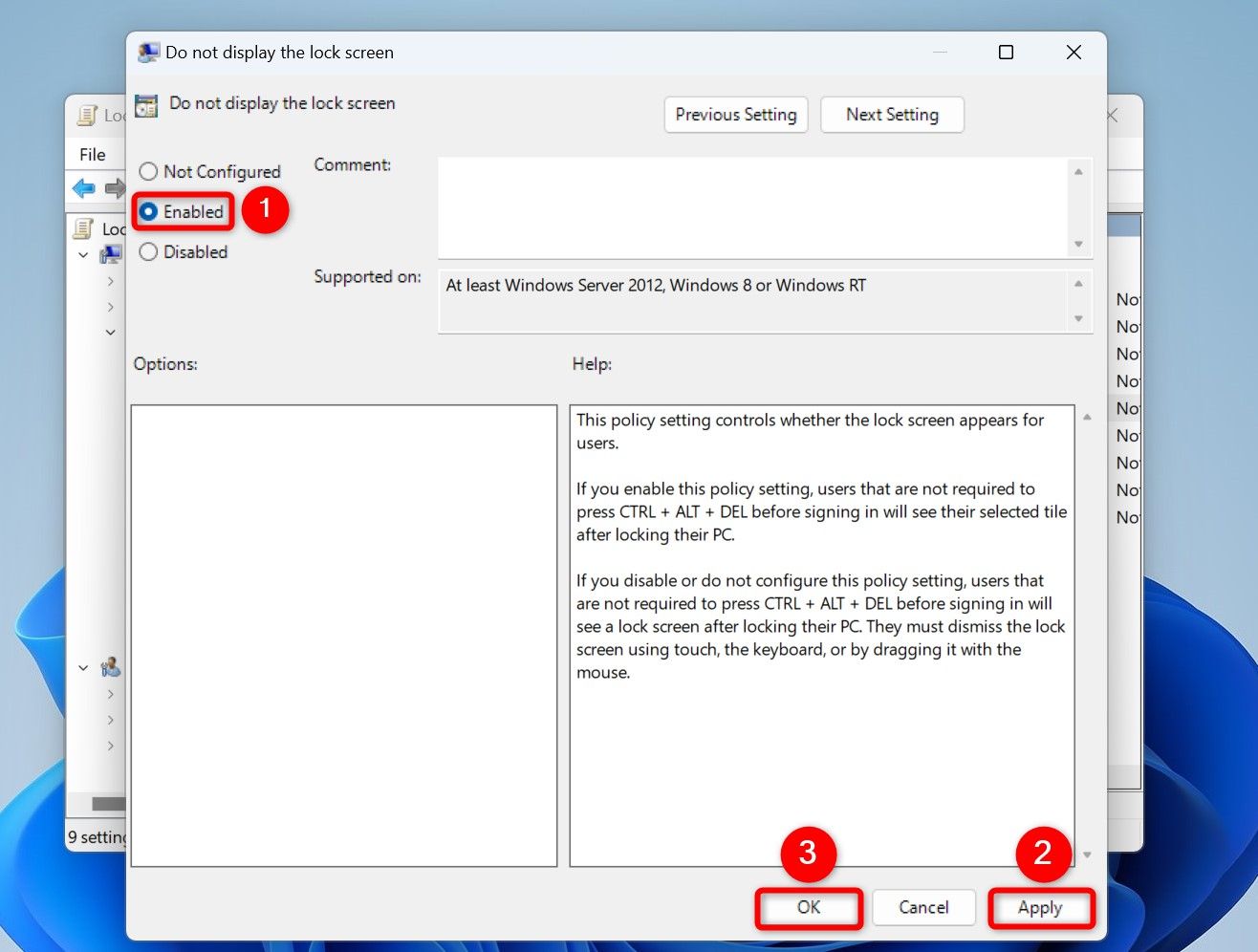 'Enabled,' Apply,' and 'OK' highlighted for 'Do Not Display the Lock Screen.'