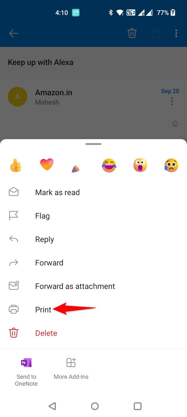 'Print' highlighted for an email in Outlook.