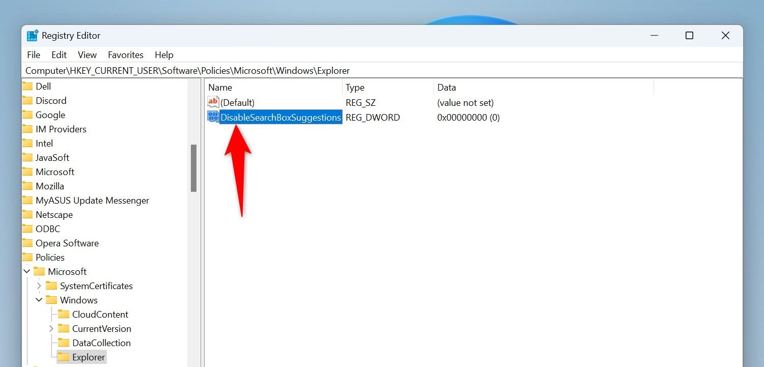 'DisableSearchBoxSuggestions' check box in Registry Editor.