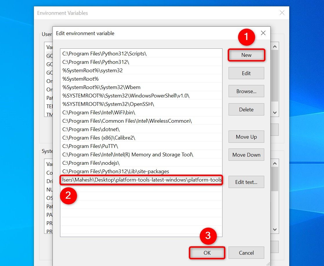 'New,' ADB's folder path, and 'OK' highlighted in Edit Environment Variable.