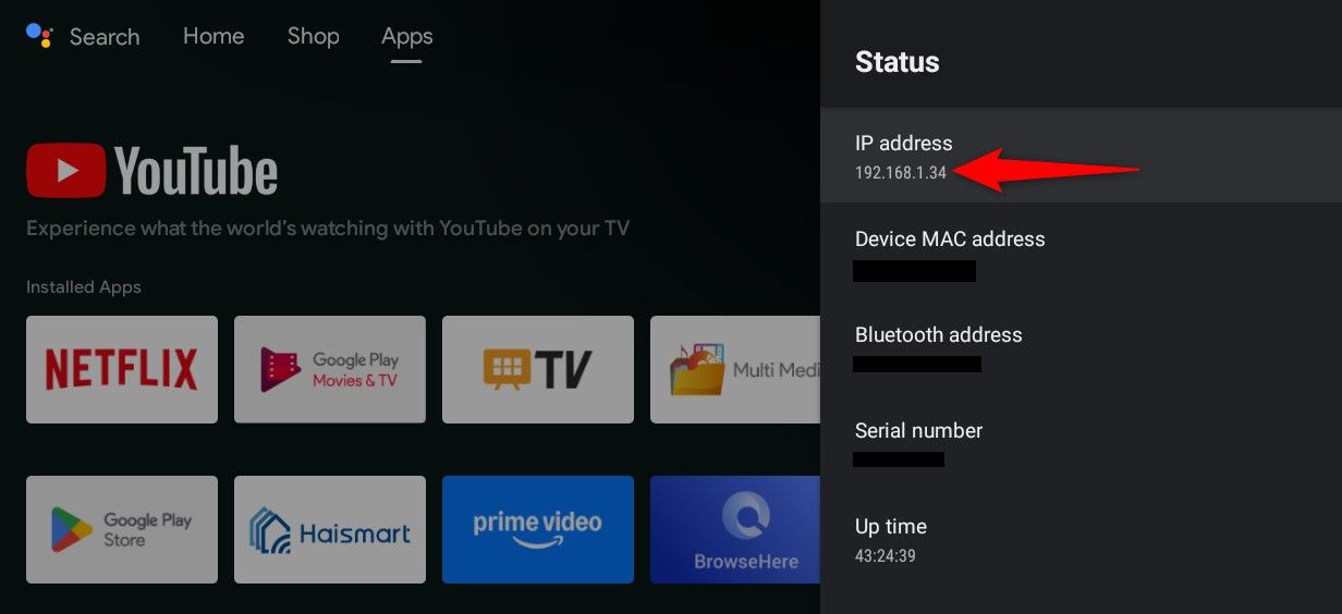 An Android TV's IP address highlighted.