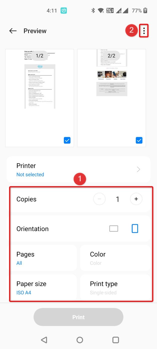 The print configuration area and the three-dot menu highlighted in Outlook.