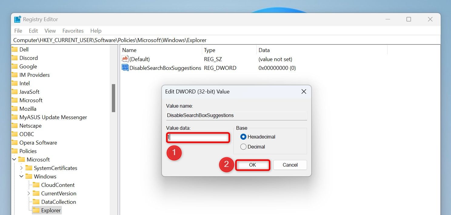 'Value Data' and 'OK' check boxes for 'DisableSearchBoxSuggestions' in the Registry Editor.