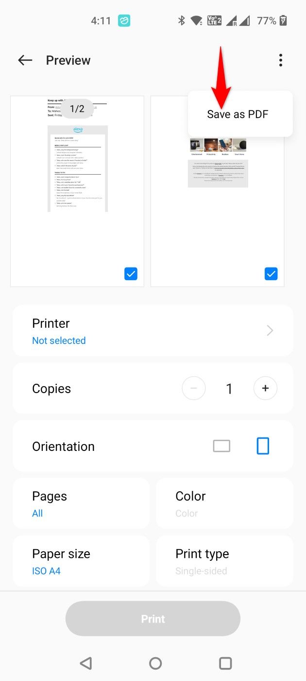 'Save as PDF' highlighted in Outlook.