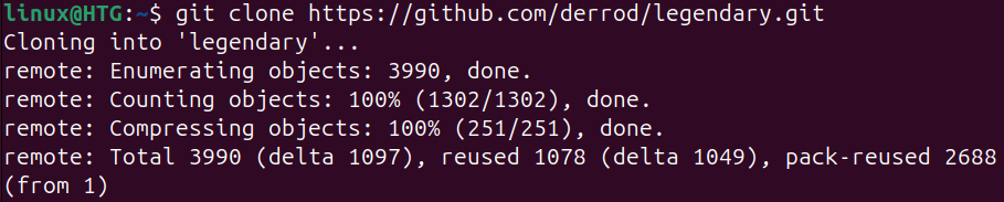 Linux terminal with the command to clone the Legendary.