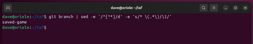 Piping the output of the git branch command into sed to isolate the current branch name.