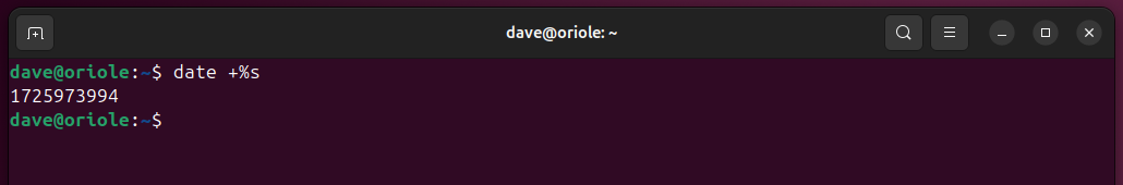 Using the date command in a terminal window, with the seconds since the epoch format specifier.