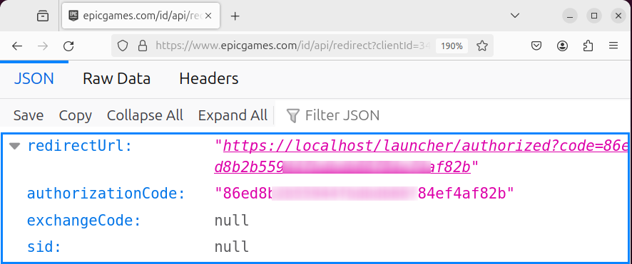 JSON authentication code on the browser screen.