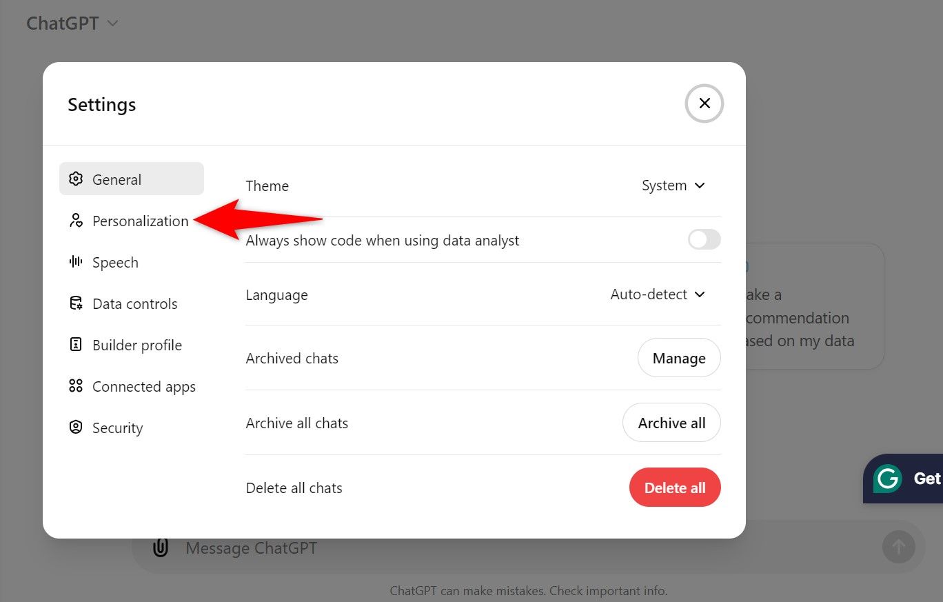 'Personalization' highlighted in ChatGPT Settings.