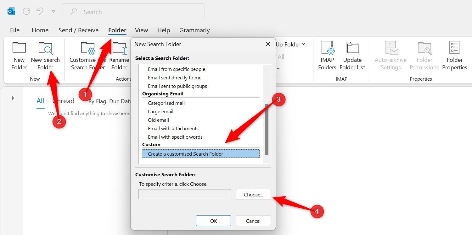 Creating a customized search folder in Outlook.