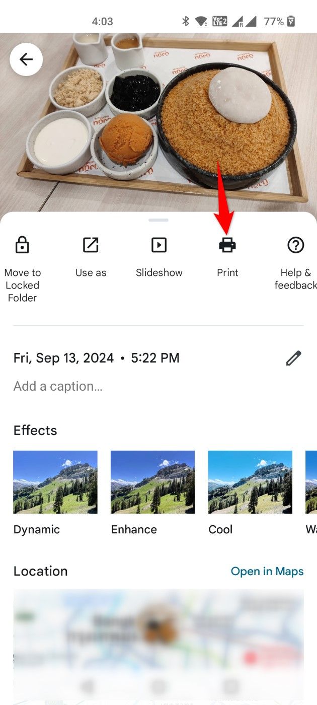 'Print' highlighted for an image in Google Photos.