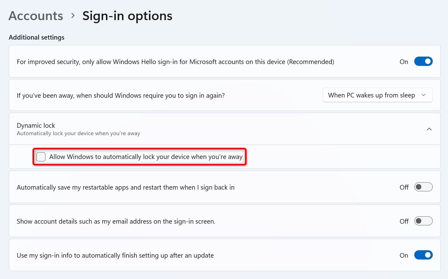 'Allow Windows to Automatically Lock Your Device When You’re Away' highlighted in Windows 11 Settings.