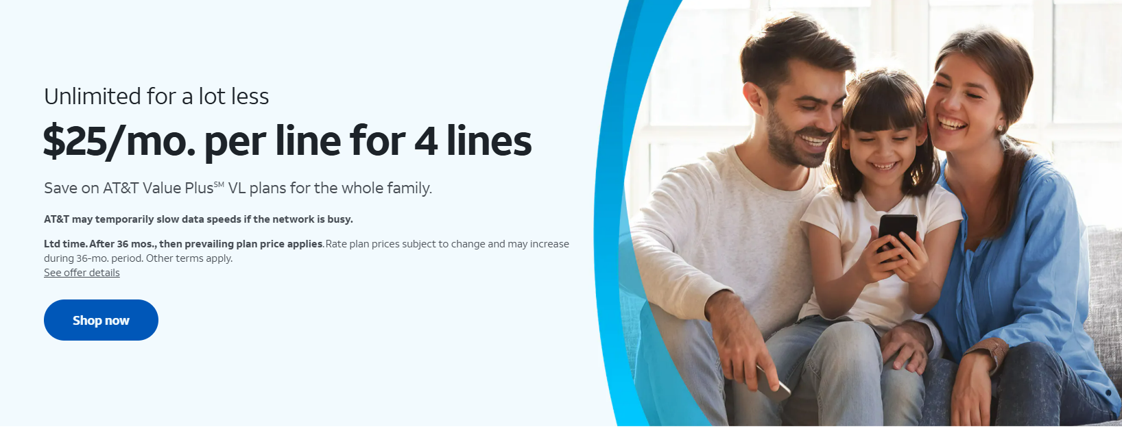 A screenshot of a family cell plan offer from AT&T