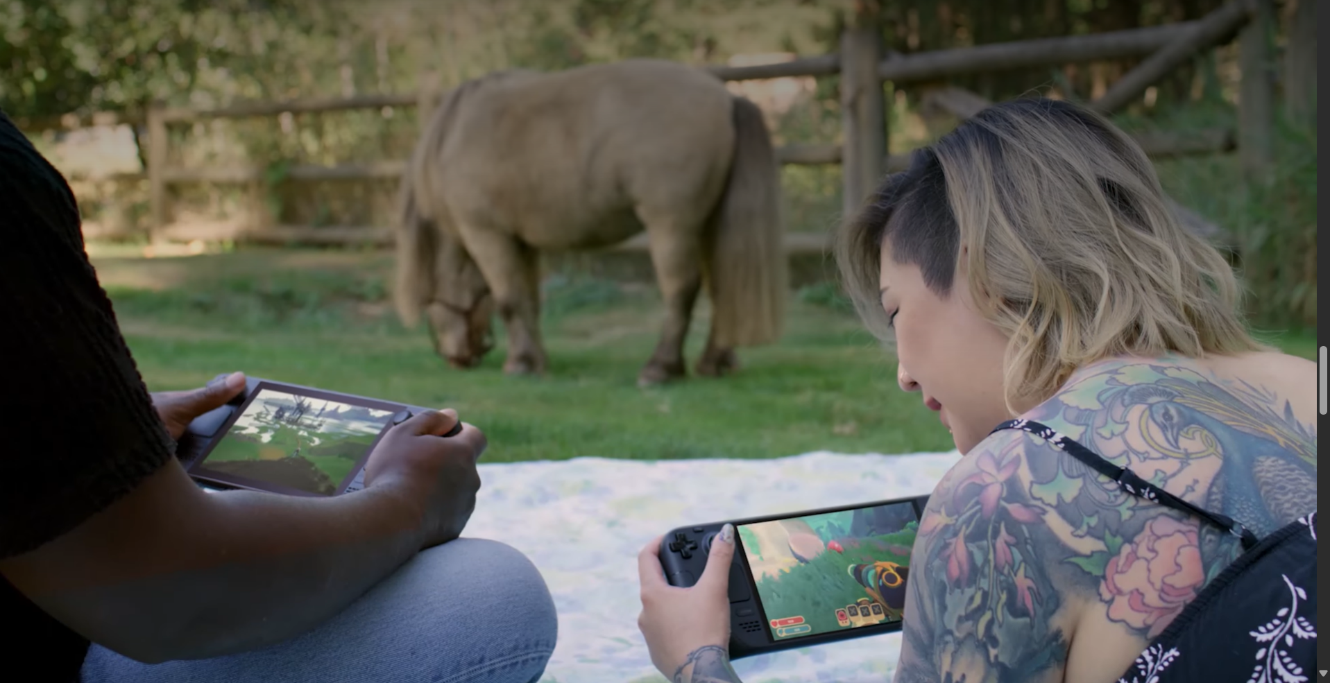 Two people playing on Steam Decks while relaxing in front of a horse.