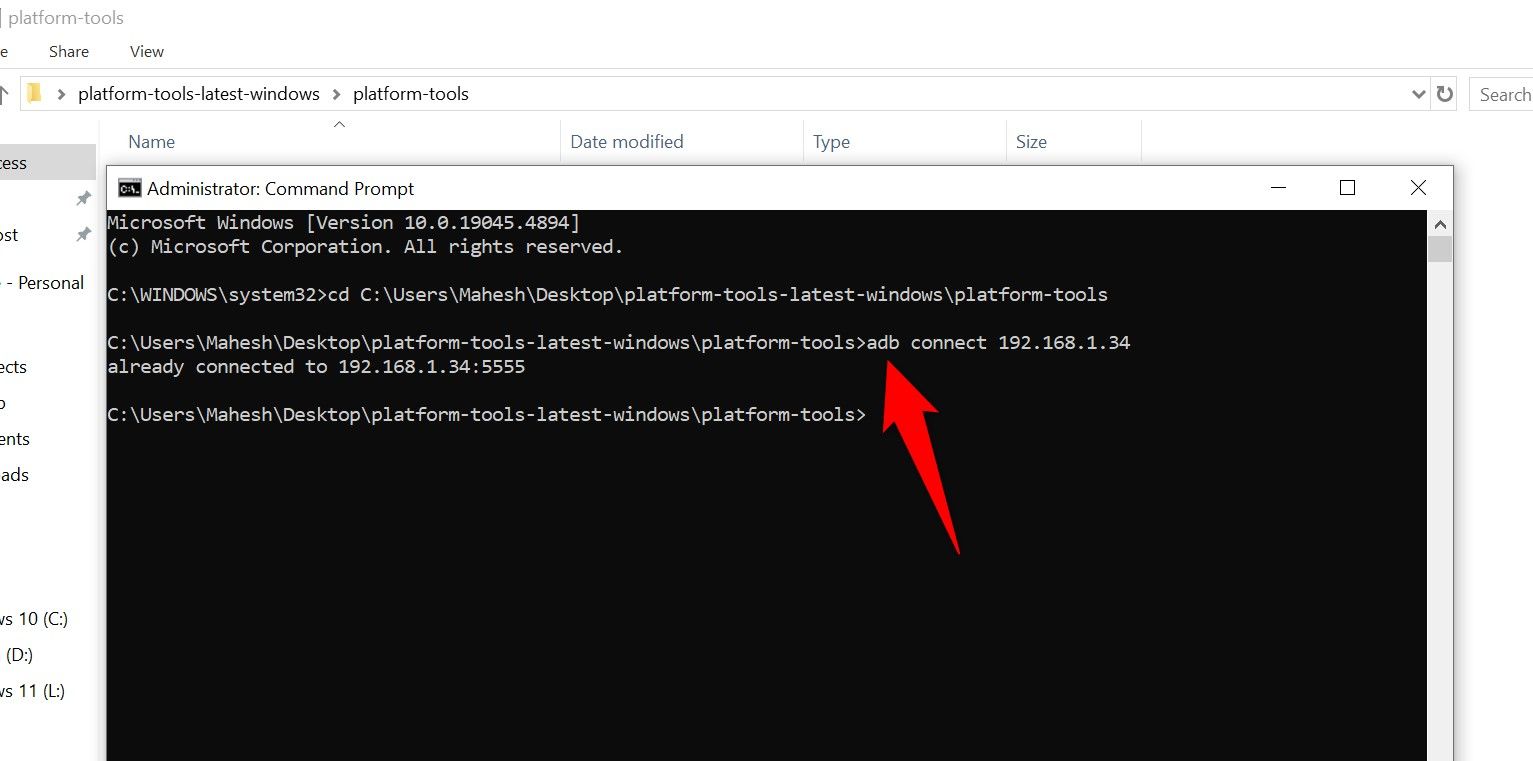 The 'adb connect' command typed in Command Prompt.