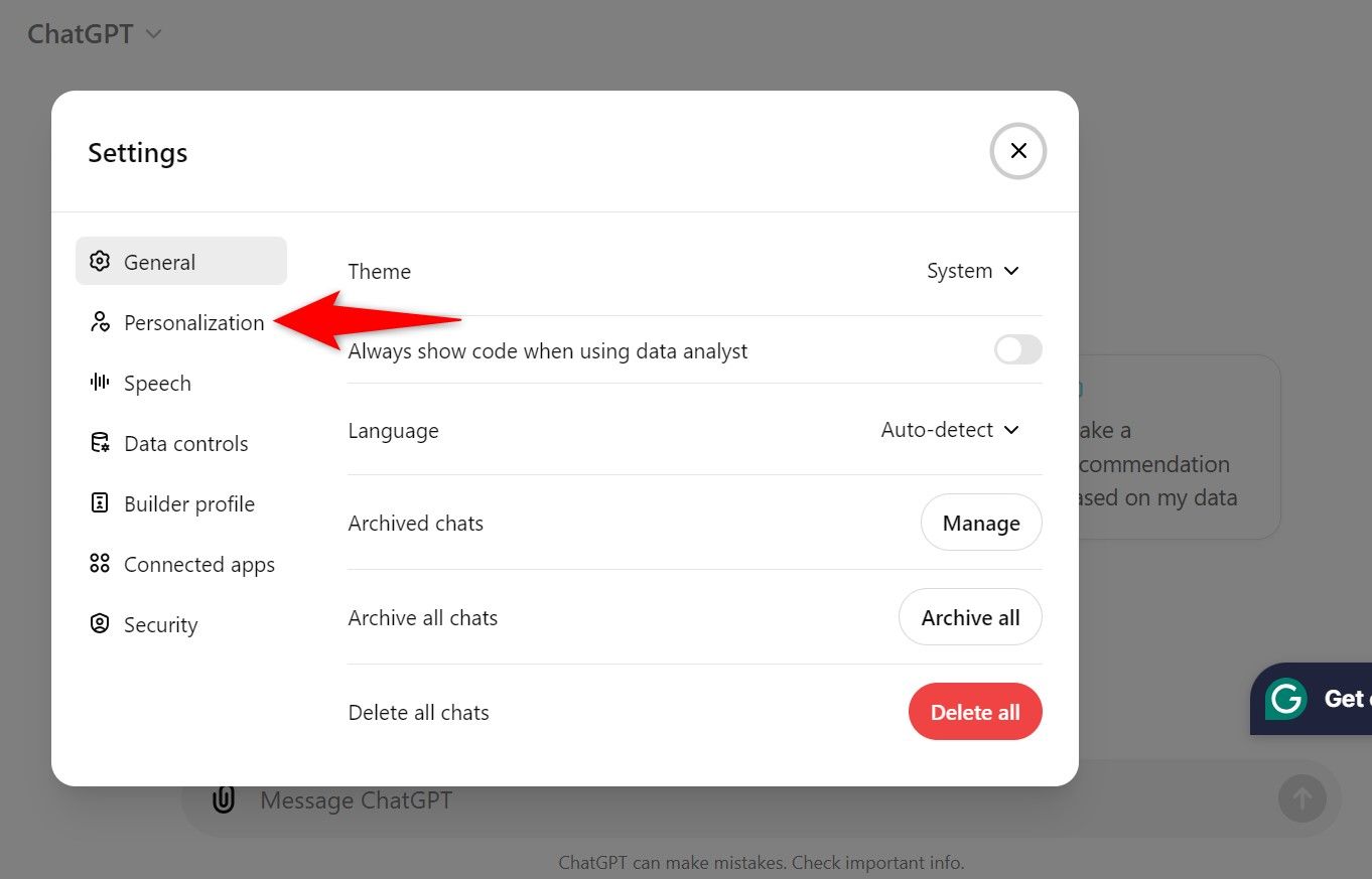 'Personalization' highlighted in ChatGPT Settings.
