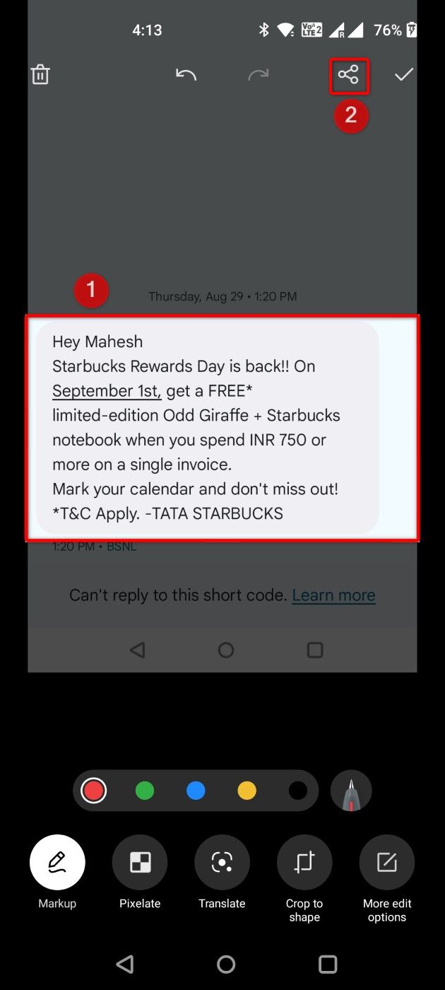 A cropped text message and the share icon highlighted on an Android phone.