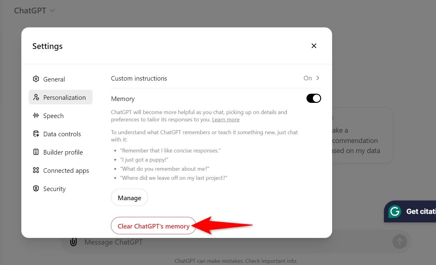 'Clear ChatGPT’s Memory' highlighted in ChatGPT Memory settings.