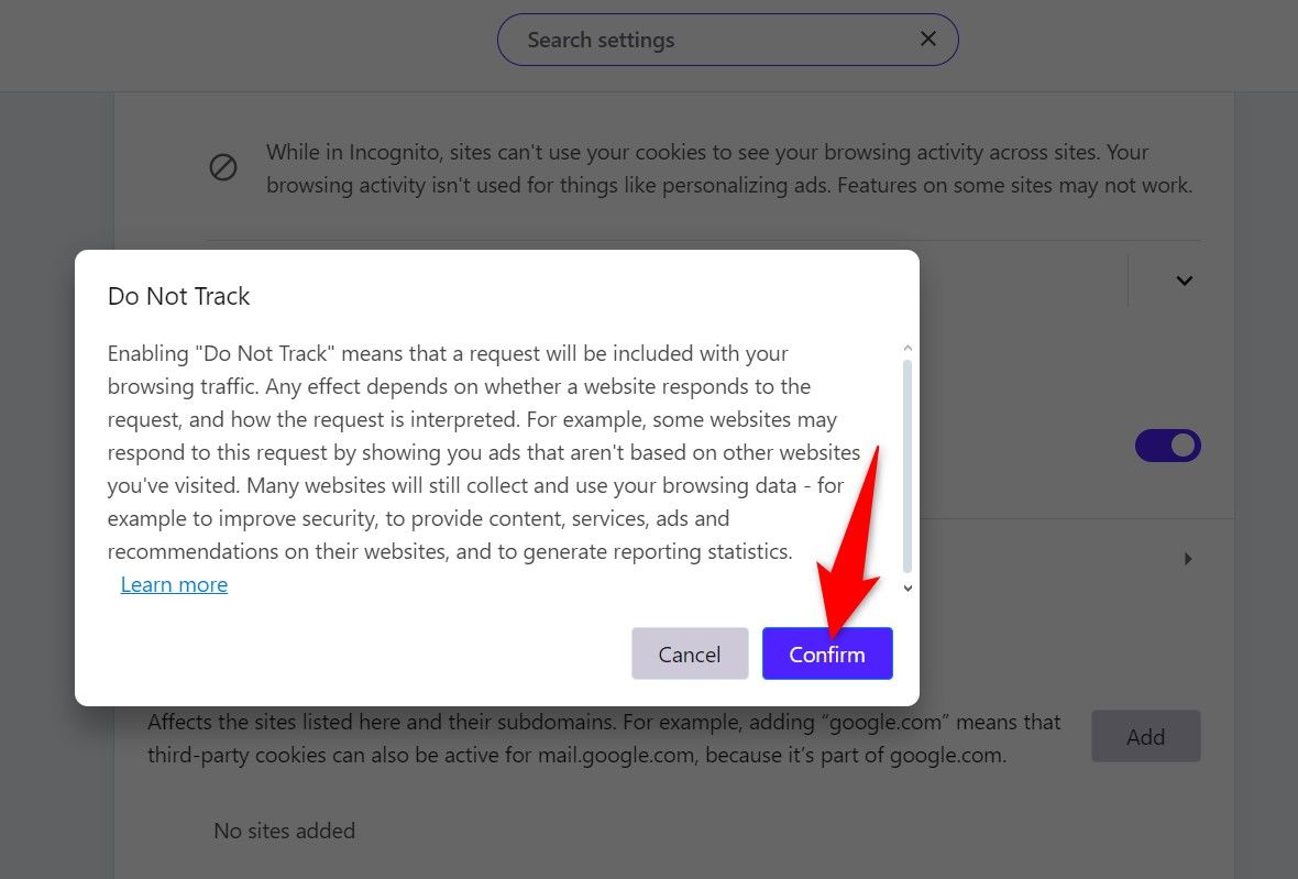 'Confirm' highlighted in the Do Not Track prompt in Opera.