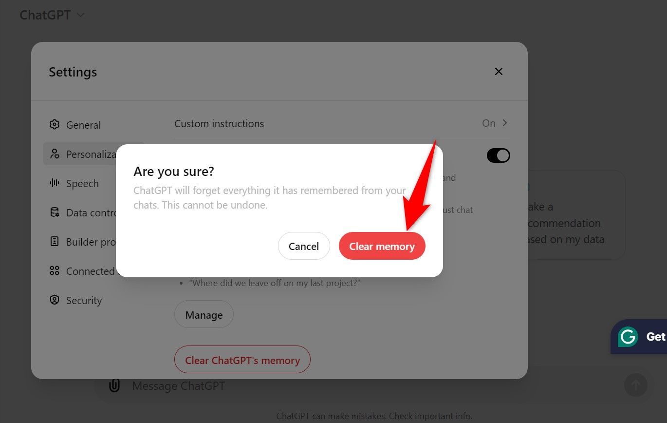 'Clear Memory' highlighted in the 'Are You Sure?' prompt on ChatGPT.
