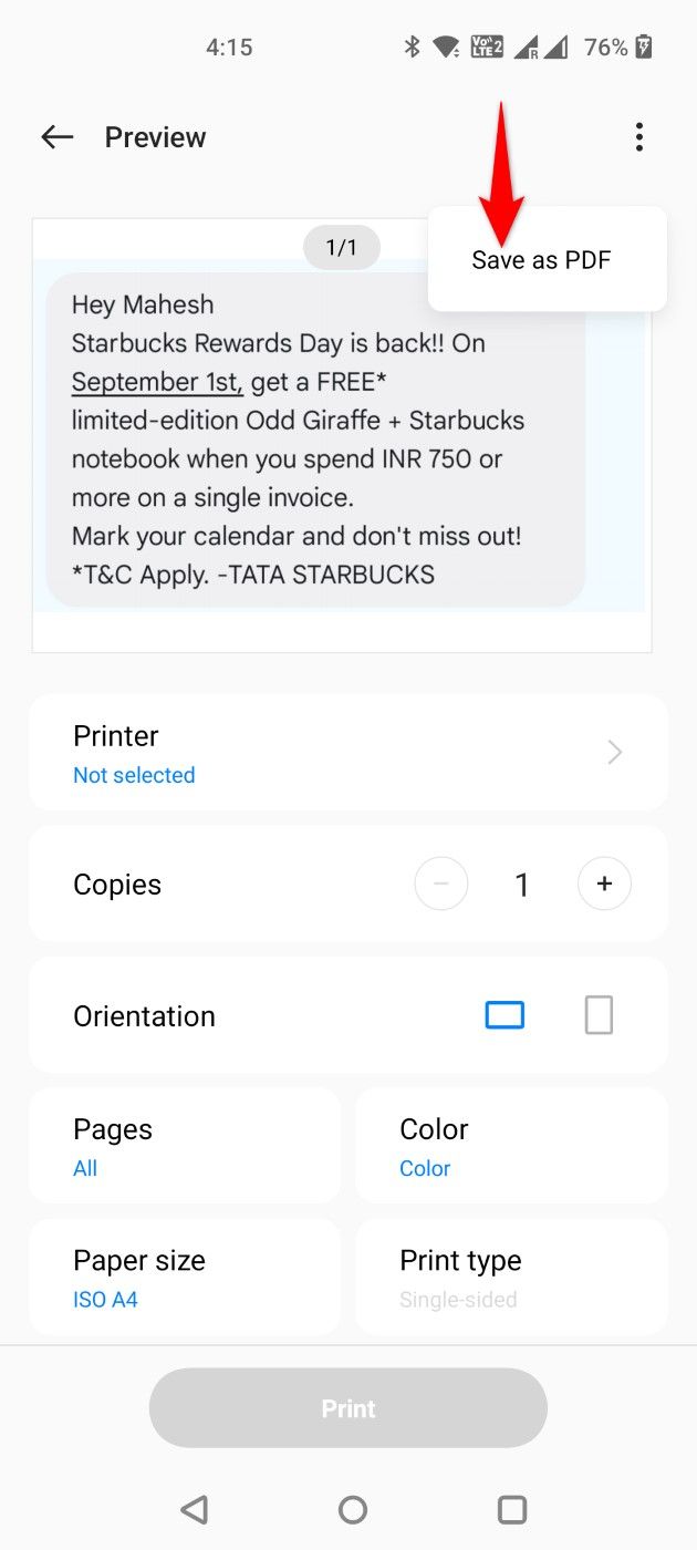 'Save as PDF' highlighted for a screenshot on Android.