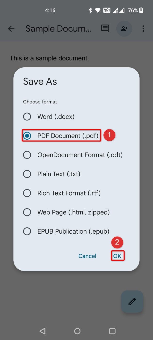 'PDF Document' and 'OK' highlighted in Google Docs.