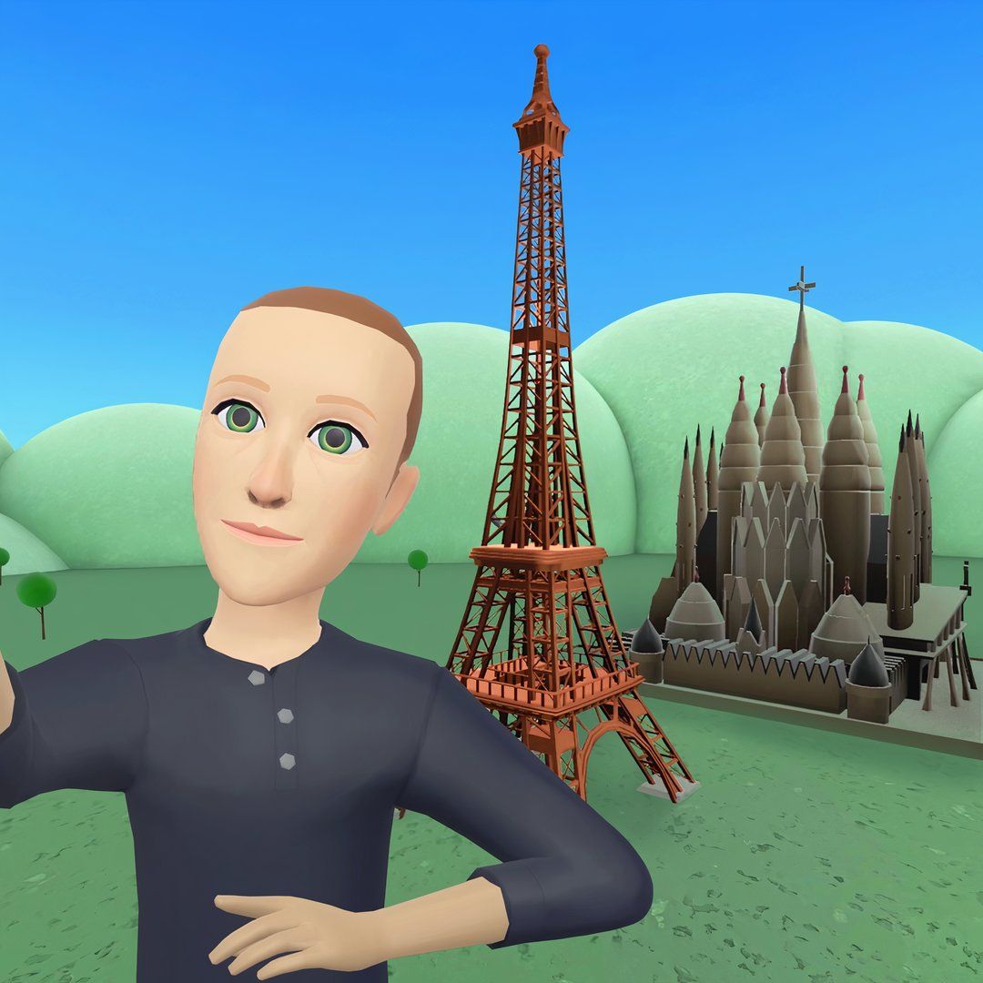 Mark Zuckerberg's Horizon Worlds Avatar next to virtual landmarks.