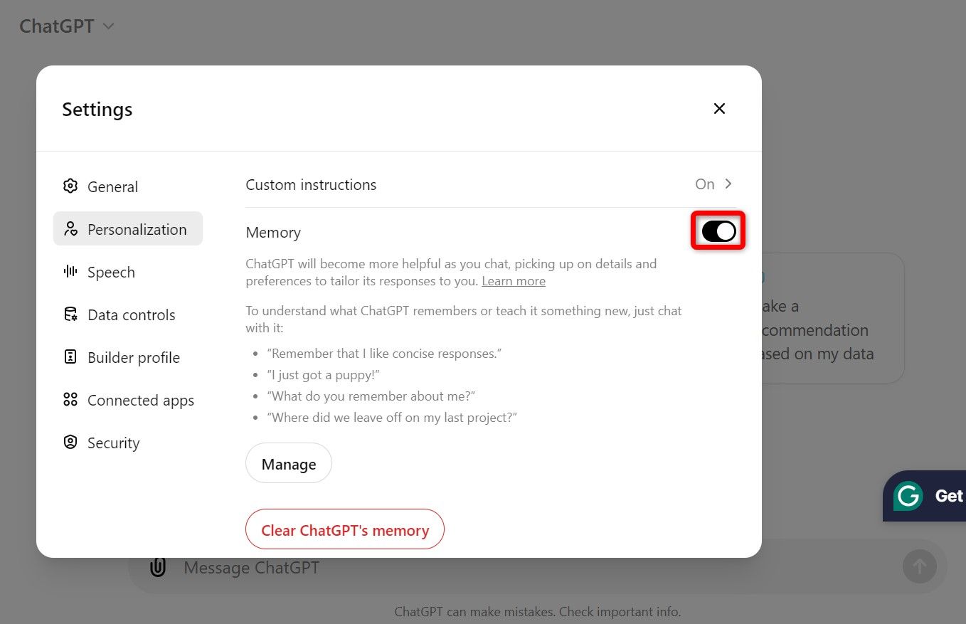 The 'Memory' toggle highlighted in ChatGPT Settings.