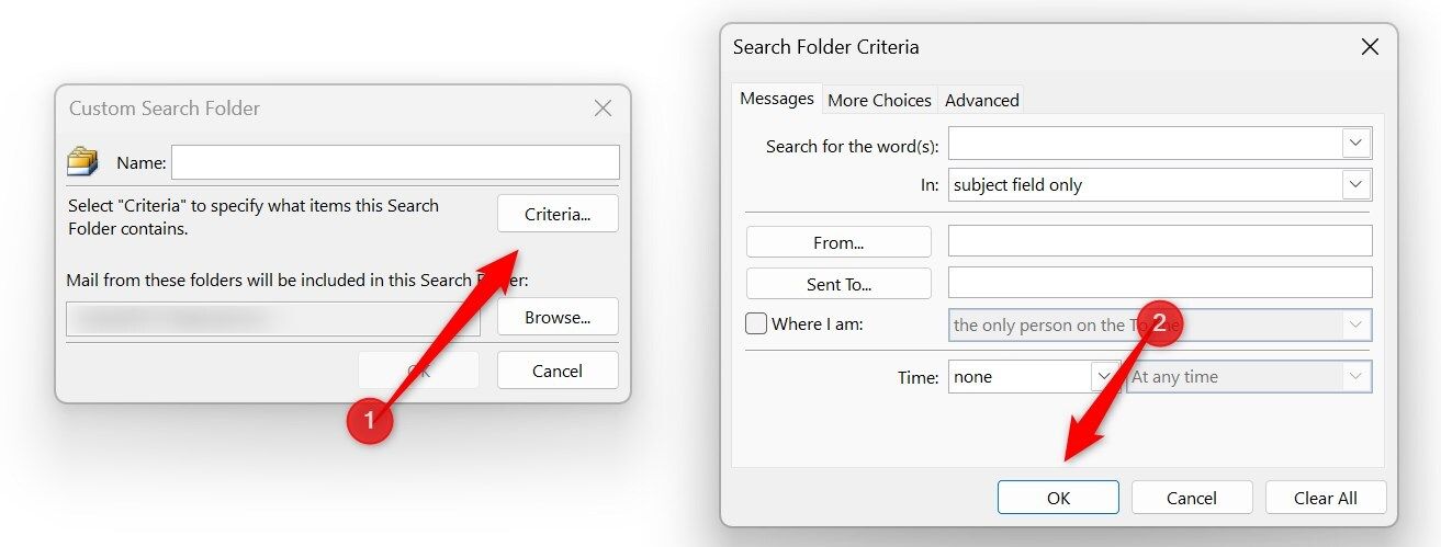 Defining criteria for the Search Folder in Outlook.