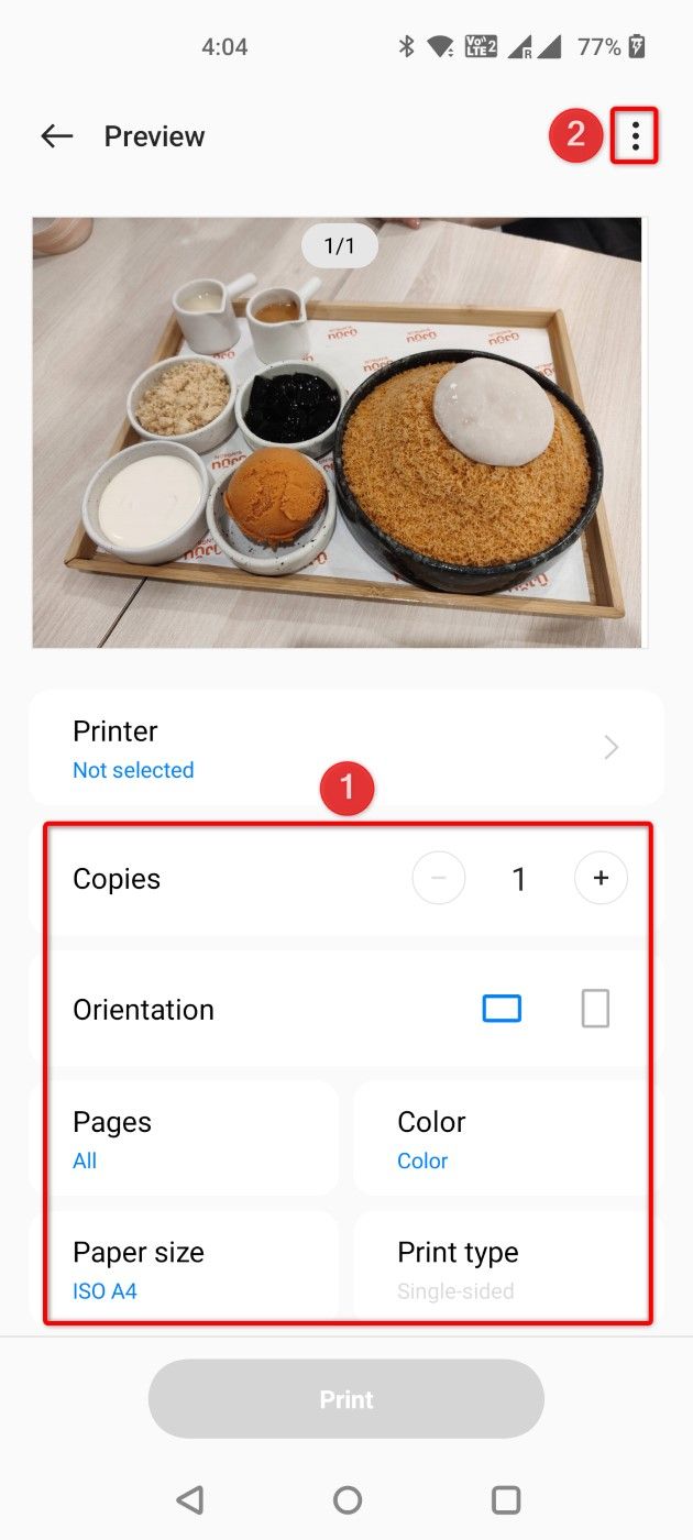 The print configuration area and the three-dot menu highlighted in Google Photos.