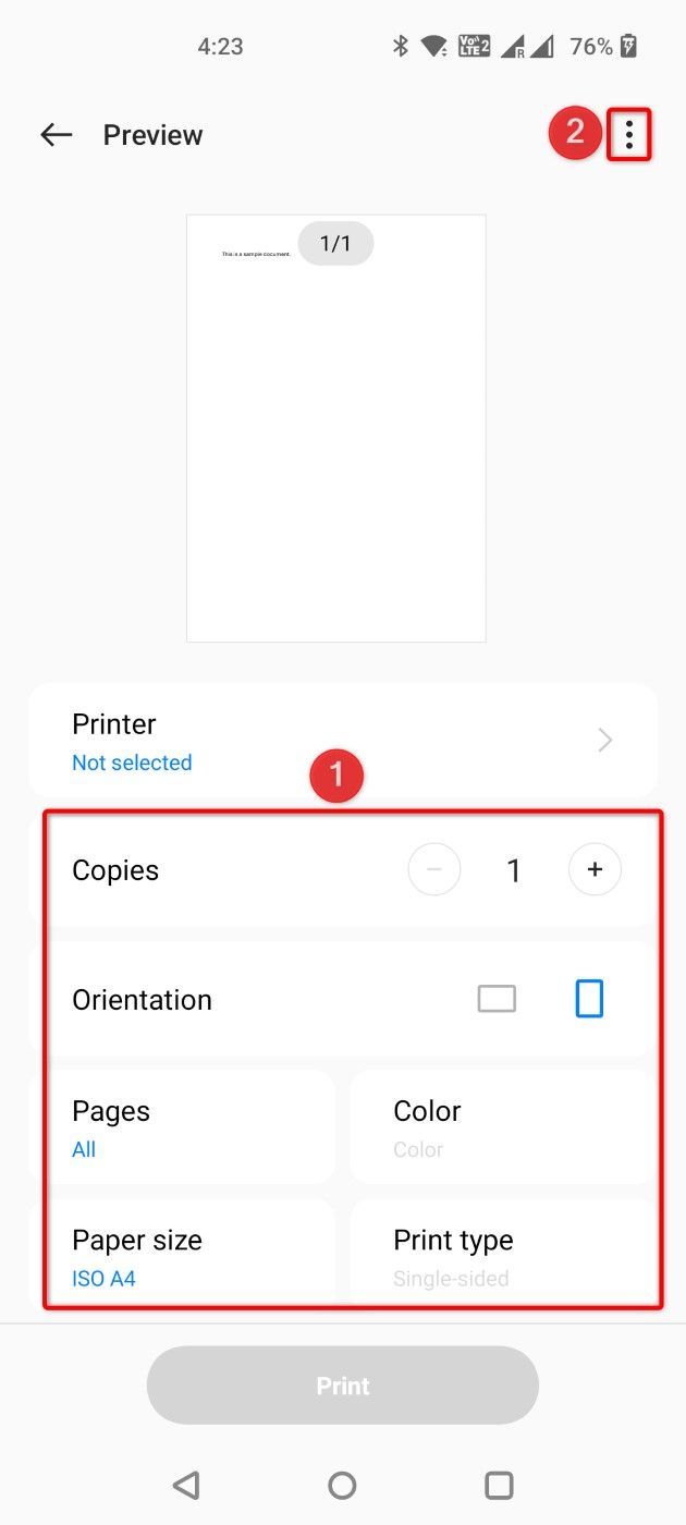 The print configuration area and the three-dot menu highlighted in Word.