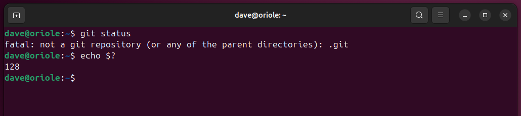 Running the git status command outside of a repository, to see its failure exit code value.