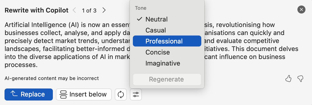 Cambiar el tono de un texto usando Copilot en Microsoft Word.