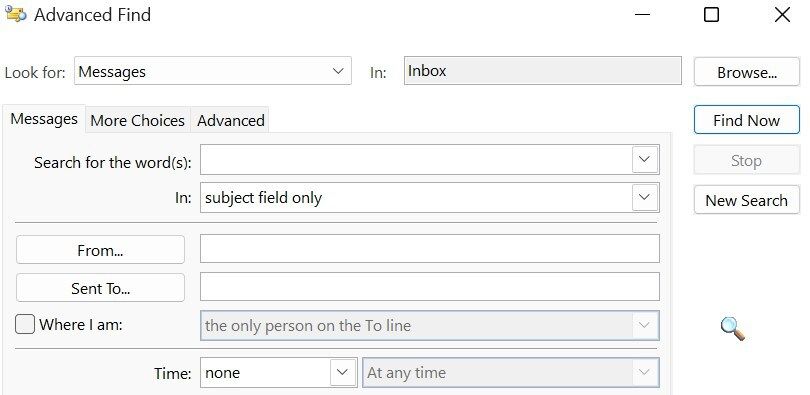 Searching using the Advanced Find feature in Outlook.