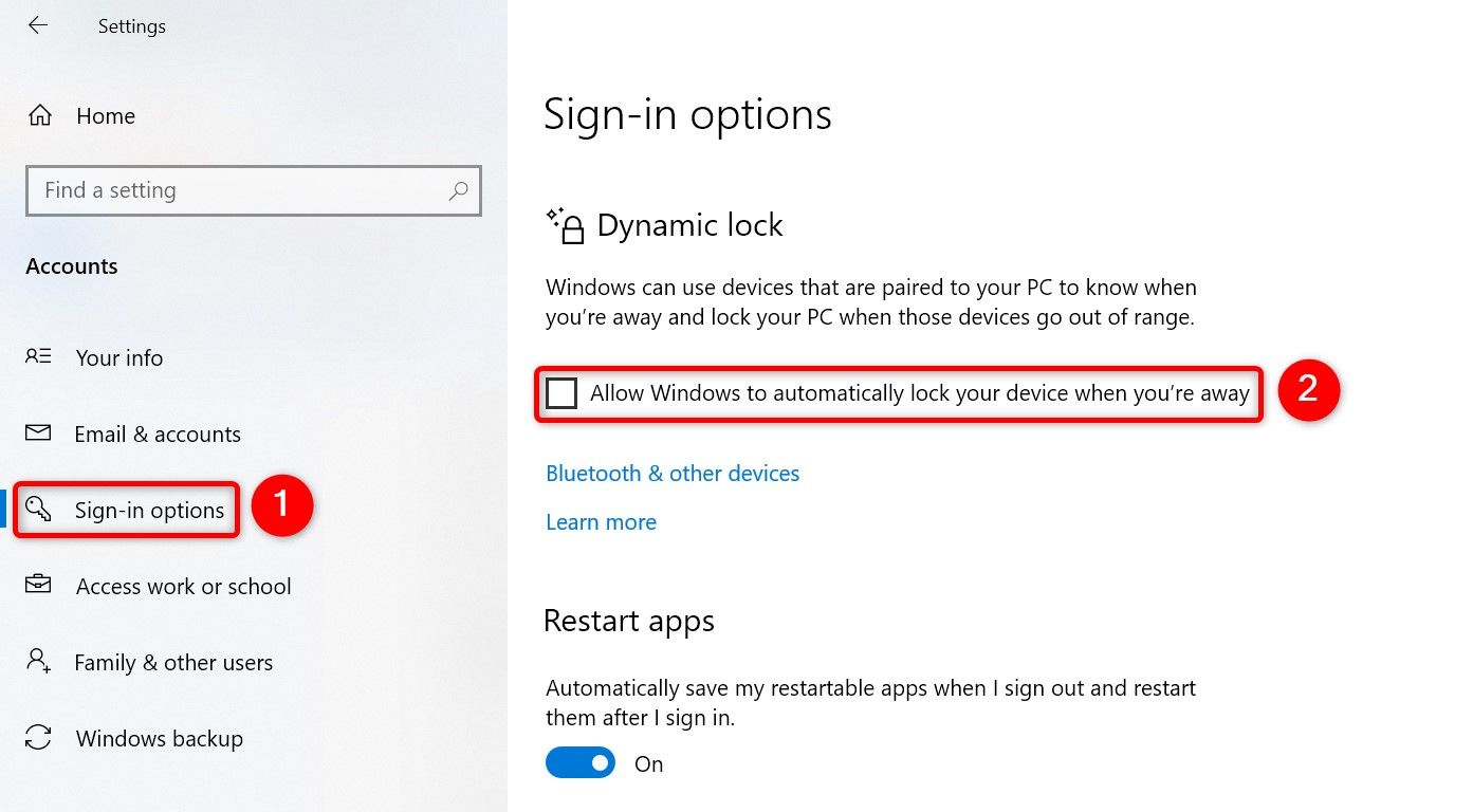 'Sign-In Options' and 'Allow Windows to Automatically Lock Your Device When You’re Away' highlighted in Windows 10 Settings.