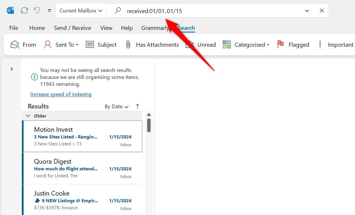 Searching for emails in the first half of January in Outlook.