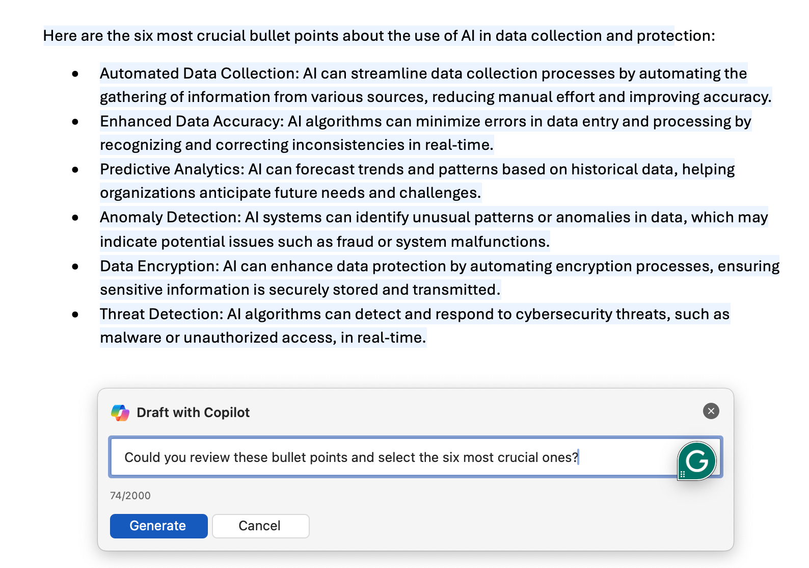 Copilot keeping six crucial bullet points in Microsoft Word.