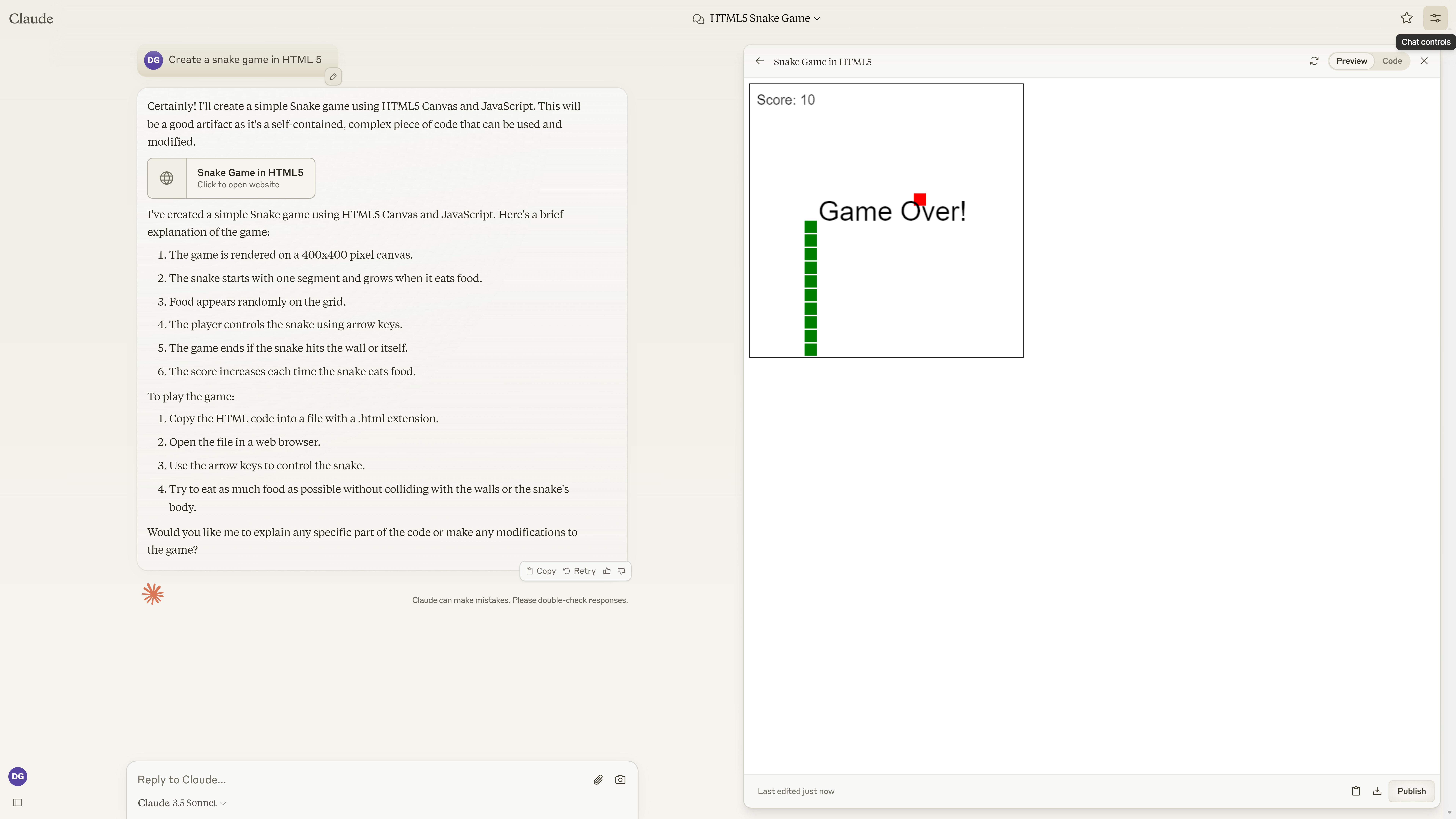 Creating and playing a Snake game using Claude Artifacts