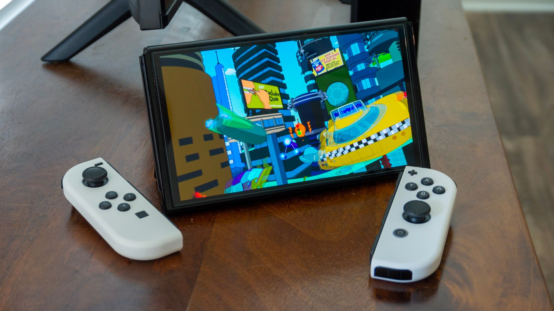 A TV show playing on a Nintendo Switch with the Joy-Cons detached. 