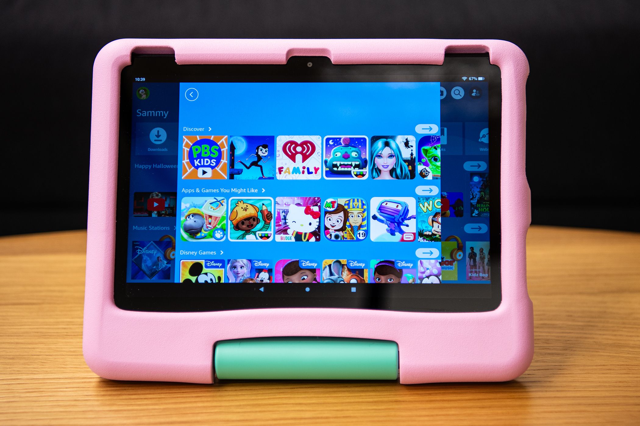 App tray open on the Amazon Fire HD 10 Kids Tablet.