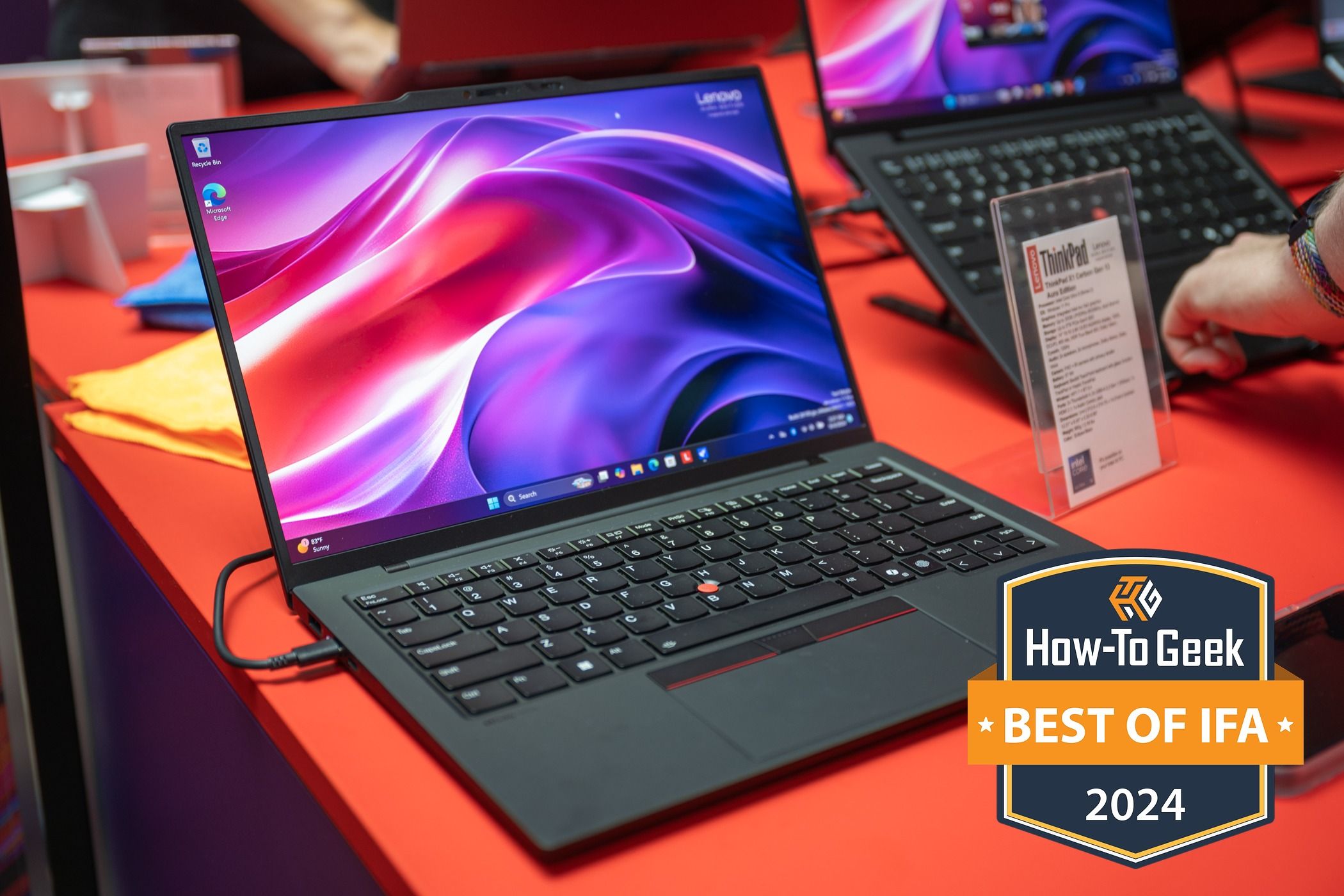 Lenovo ThinkPad X1 Carbon Gen 13 Aura Edition sitting on a table at IFA 2024.