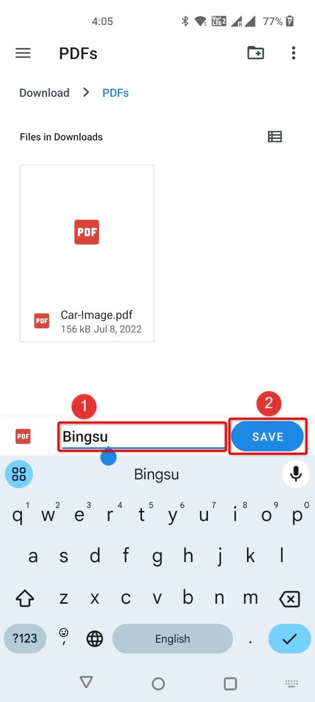 The file name field and 'Save' highlighted in Android's file manager.
