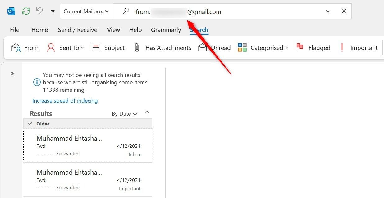 Searching emails by the email address in Outlook.