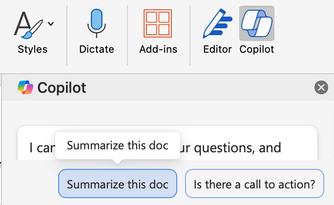 Summarizing a document using Copilot.