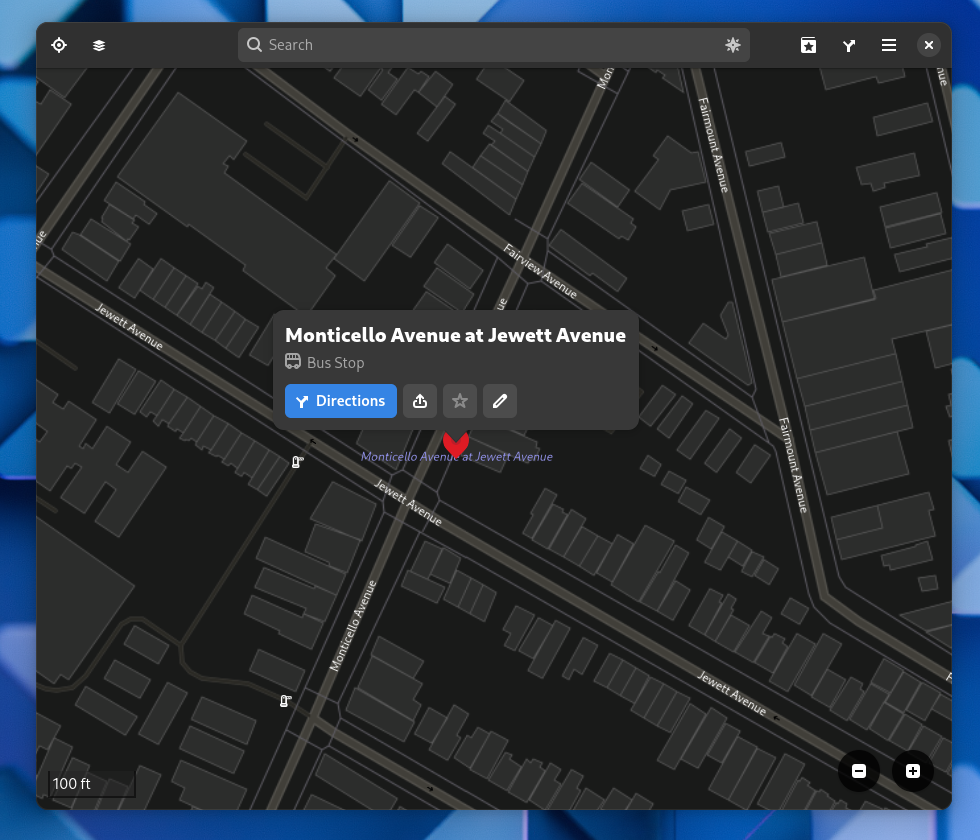 GNOME Maps in dark mode, with a public transit tooltip.