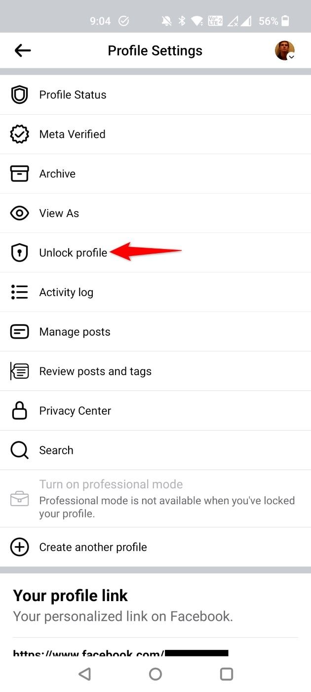 'Unlock Profile' highlighted for a Facebook profile.